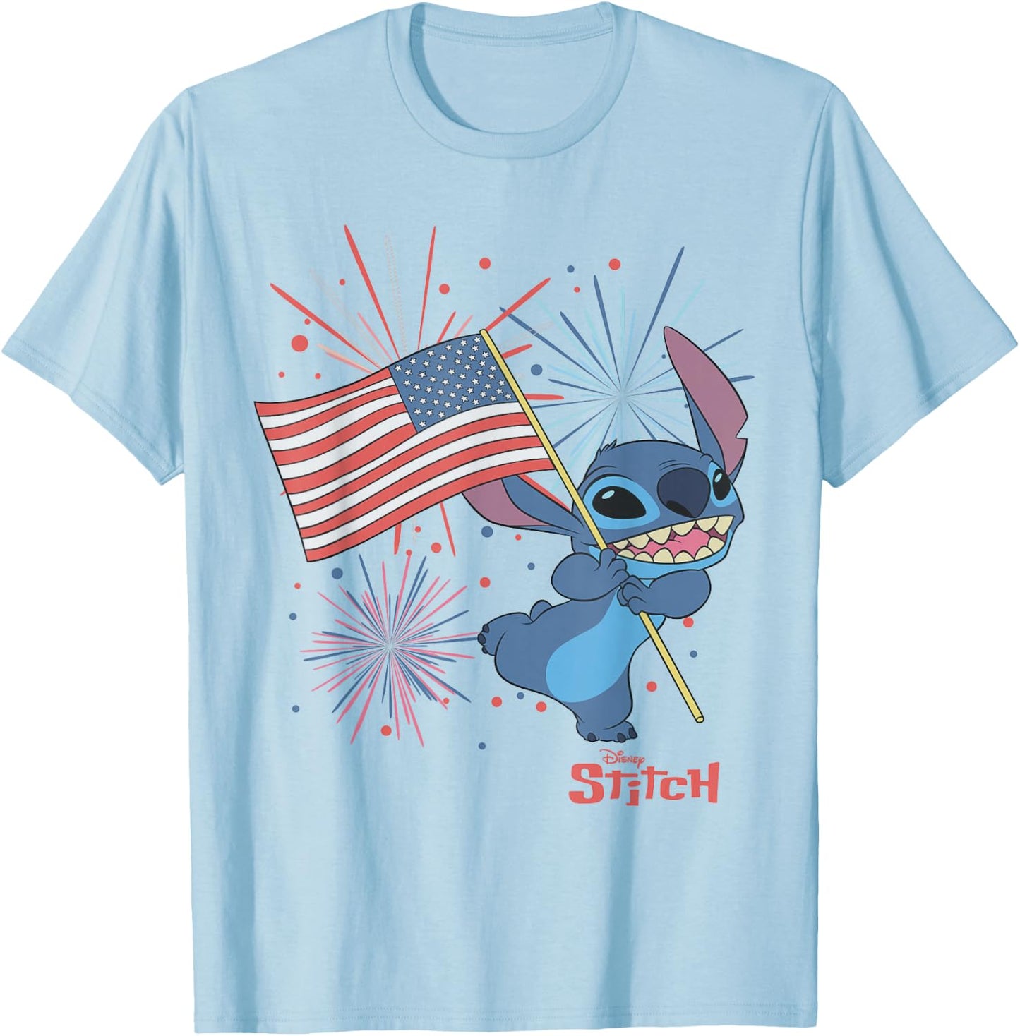 Disney Lilo & Stitch 4th of July Stitch USA Flag & Fireworks T-Shirt - T-Shirt | Light Blue