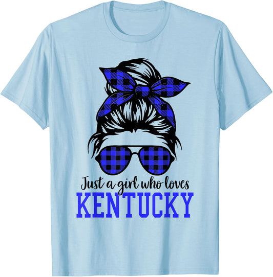 Kentucky Women Girls Messy Bun Hair, Kentucky State Pride T-Shirt - T-Shirt | Light Blue