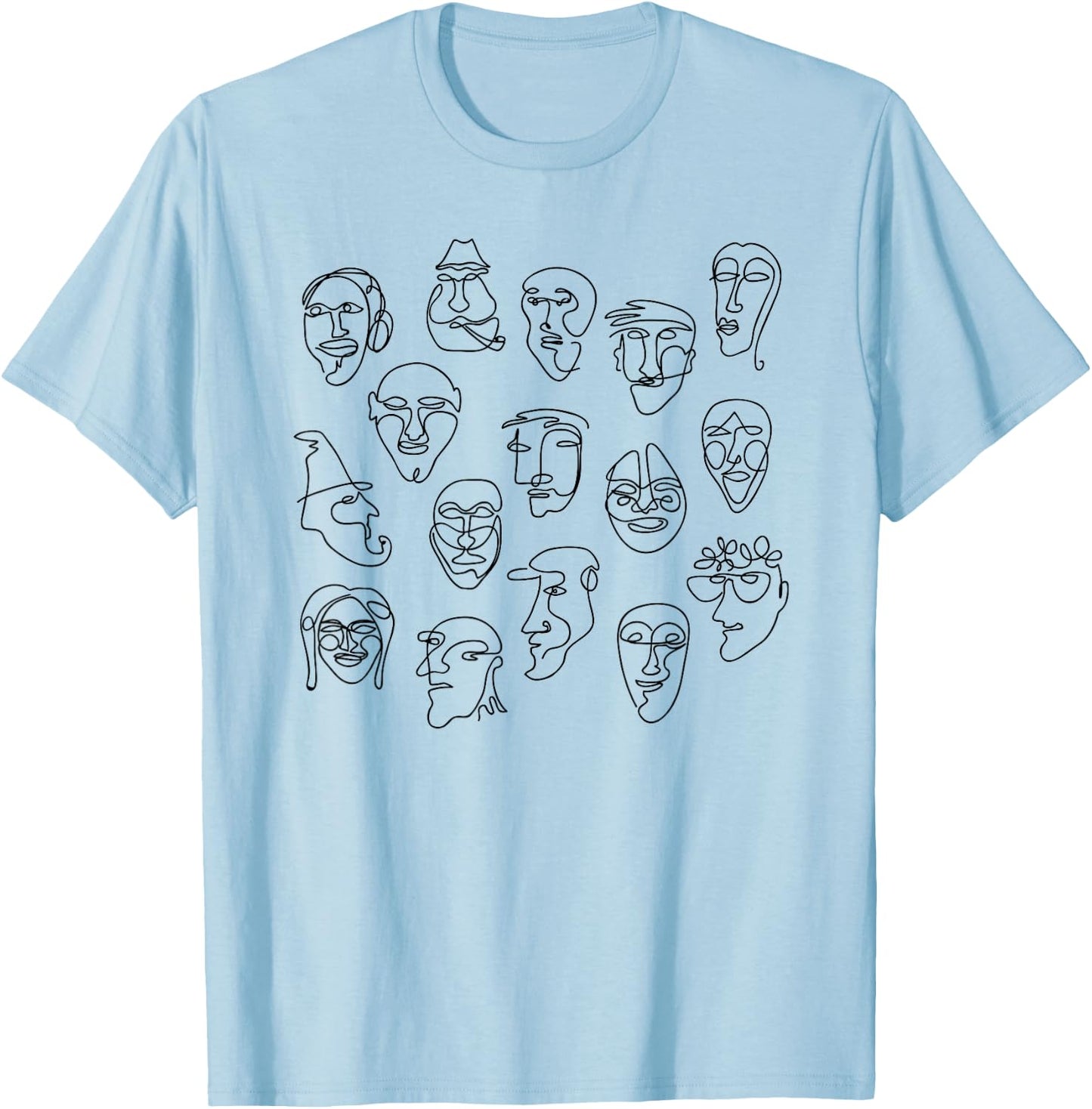 Single Line Face Design Character T-Shirt - T-Shirt | Light Blue