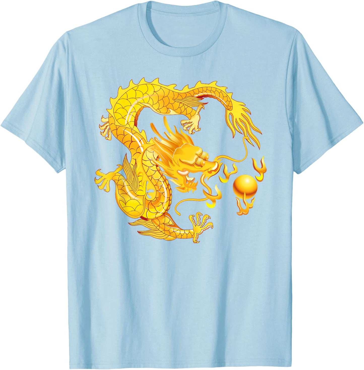 Fearless Golden Chinese Dragon Fire Ball T-Shirt - T-Shirt | Light Blue