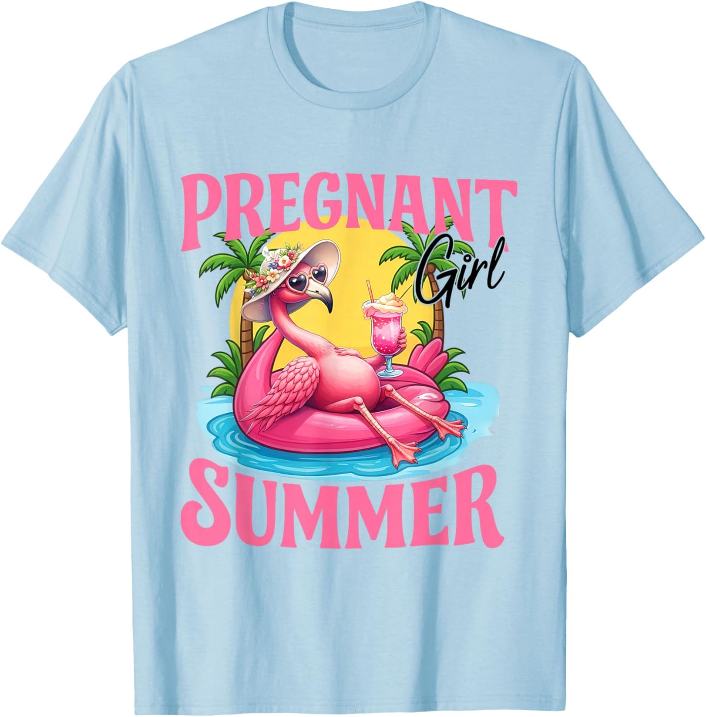 Pregnant Girl Summer Flamingo Baby Shower Expecting Mom T-Shirt - T-Shirt | Light Blue