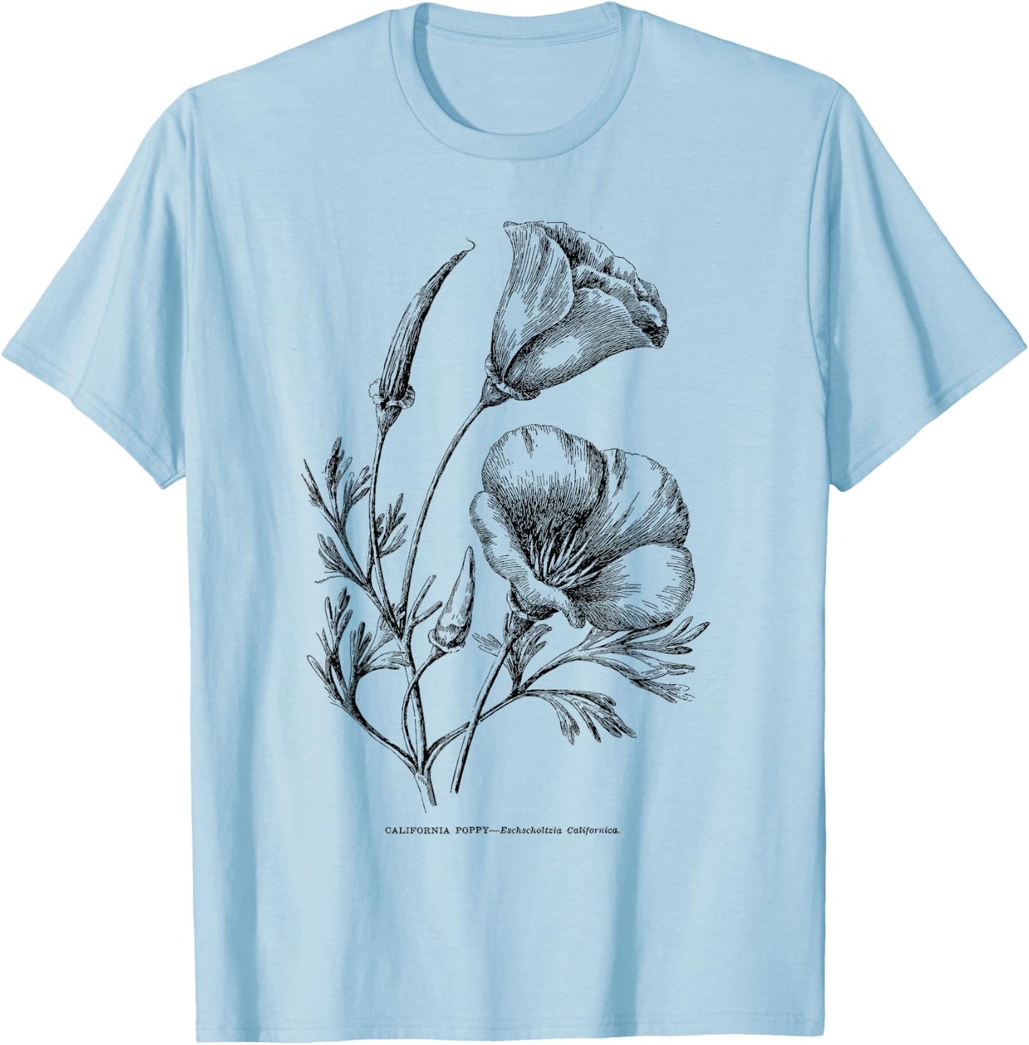 Californian Poppy Botanical Illustration Flower California T-Shirt - T-Shirt | Light Blue