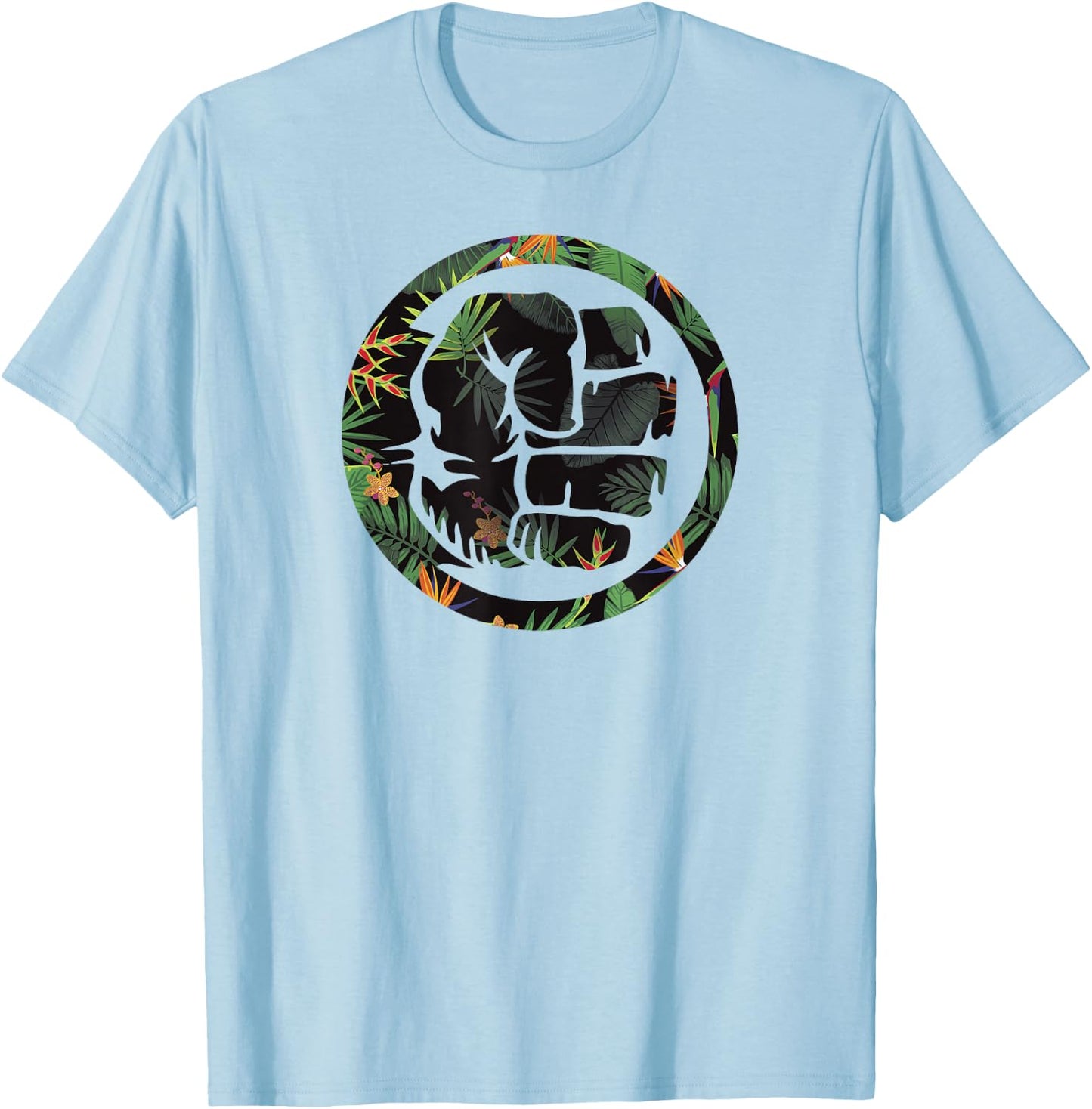 Marvel Hulk Fist Smash Logo Tropical Pattern Graphic T-Shirt - T-Shirt | Light Blue