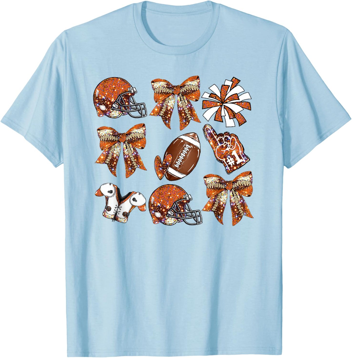 Orange Coquette Bow Football Game Day Women Girls Kids T-Shirt - T-Shirt | Light Blue