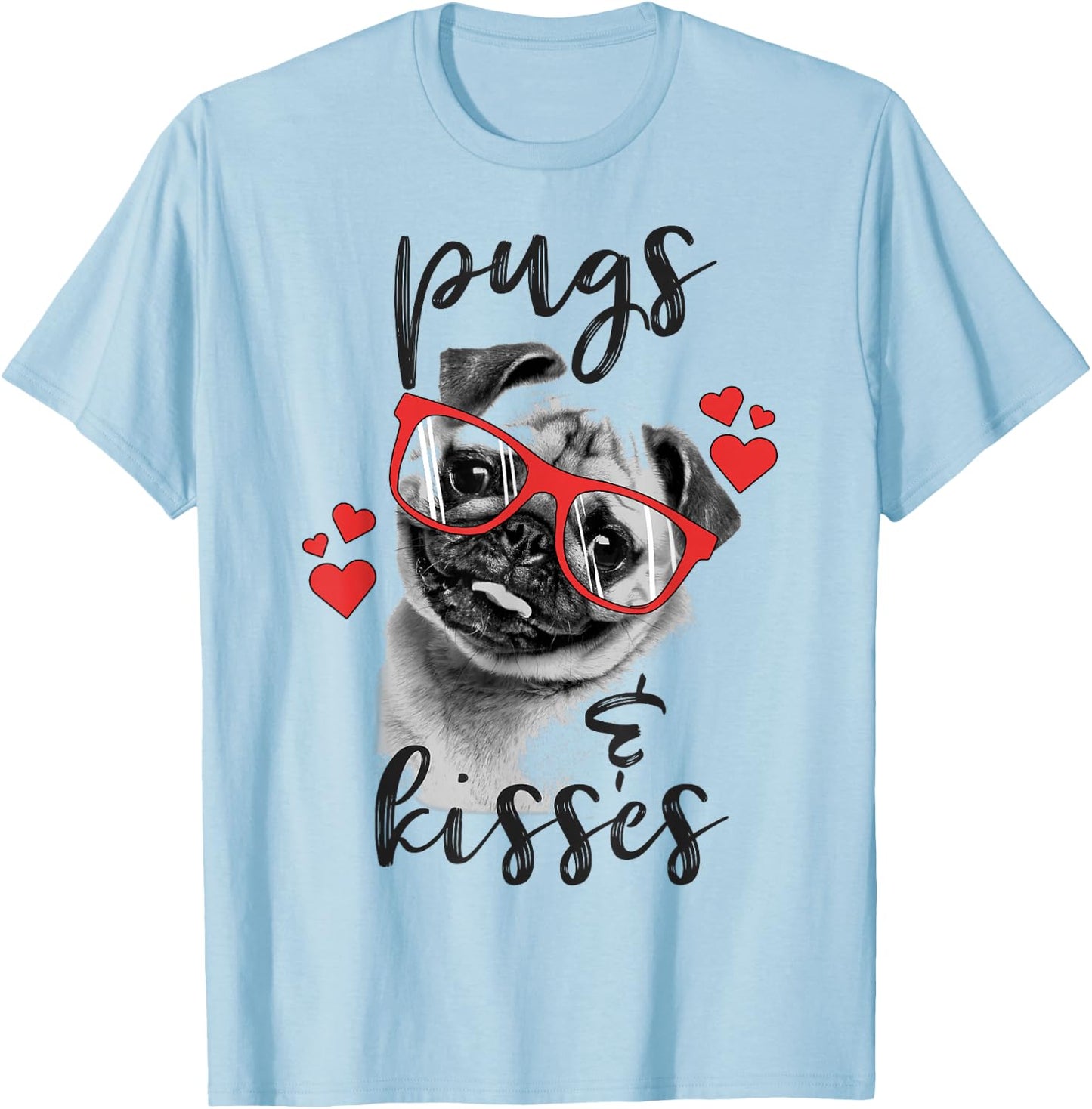 Valentine's Day Pugs And Kisses Red Hearts Valentine's T-Shirt - T-Shirt | Light Blue