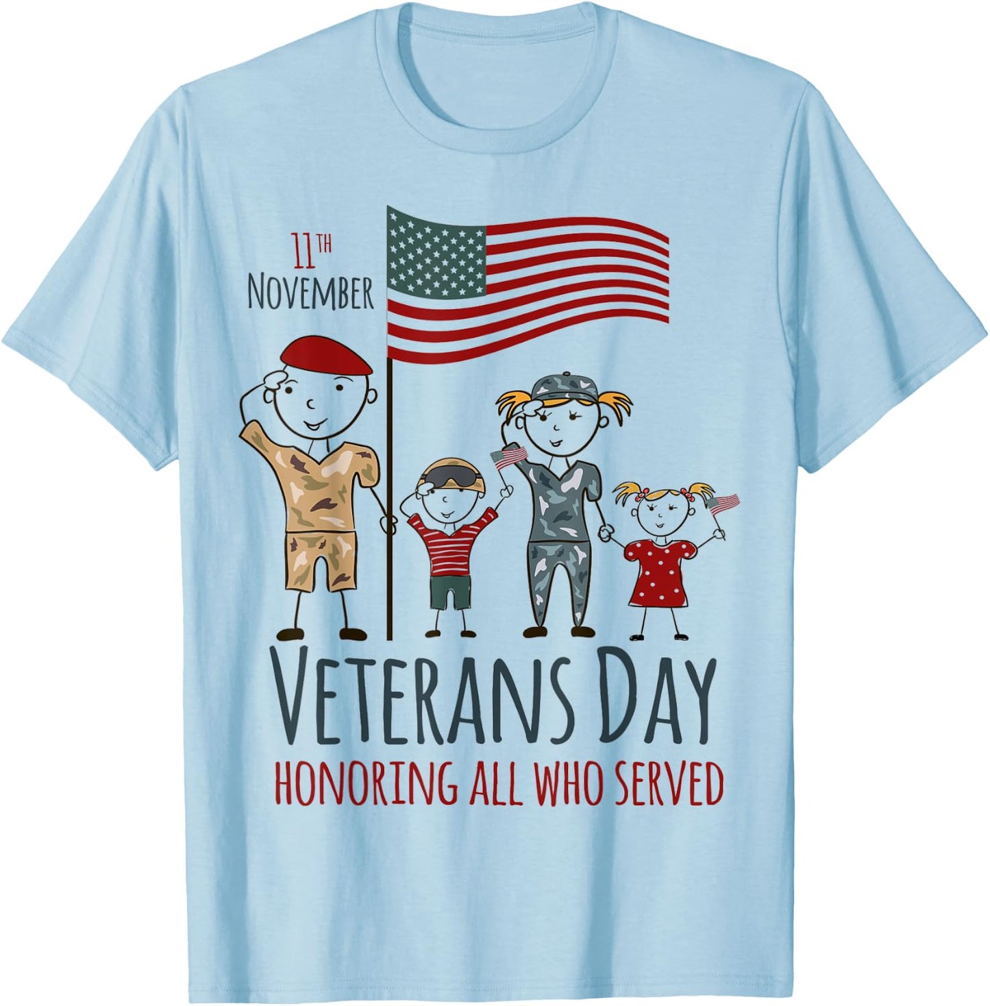 Veterans Day Shirt American Flag Military Family Kids USA T-Shirt - T-Shirt | Light Blue