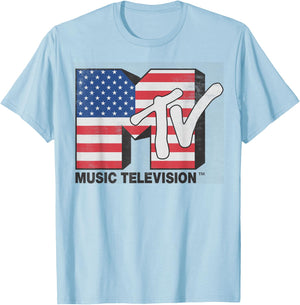 MTV American Flag Stars And Stripes Logo T-Shirt - T-Shirt | Light Blue