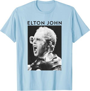 Elton John Official Black & White Photo T-Shirt - T-Shirt | Light Blue