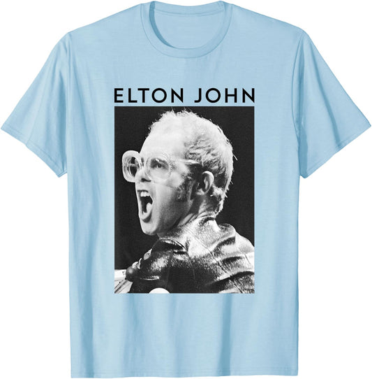 Elton John Official Black & White Photo T-Shirt - T-Shirt | Light Blue