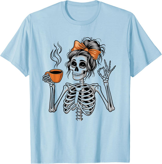 Halloween Skeleton Messy Bun Coffee Funny Costume Mom Women T-Shirt - T-Shirt | Light Blue