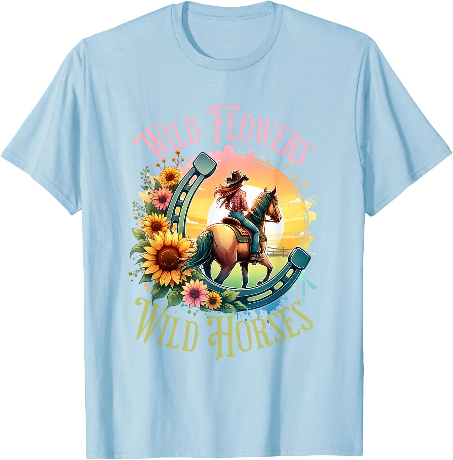 Wild Flowers & Wild Horses Country Sunset Western Cowgirl T-Shirt - T-Shirt | Light Blue