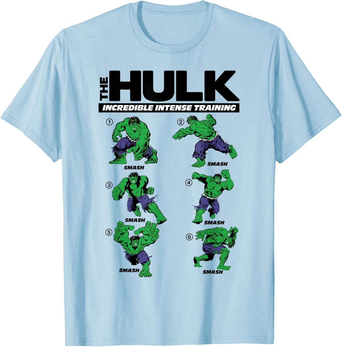 Marvel The Hulk 6 Incredible Intense Training Poses T-Shirt - T-Shirt | Light Blue