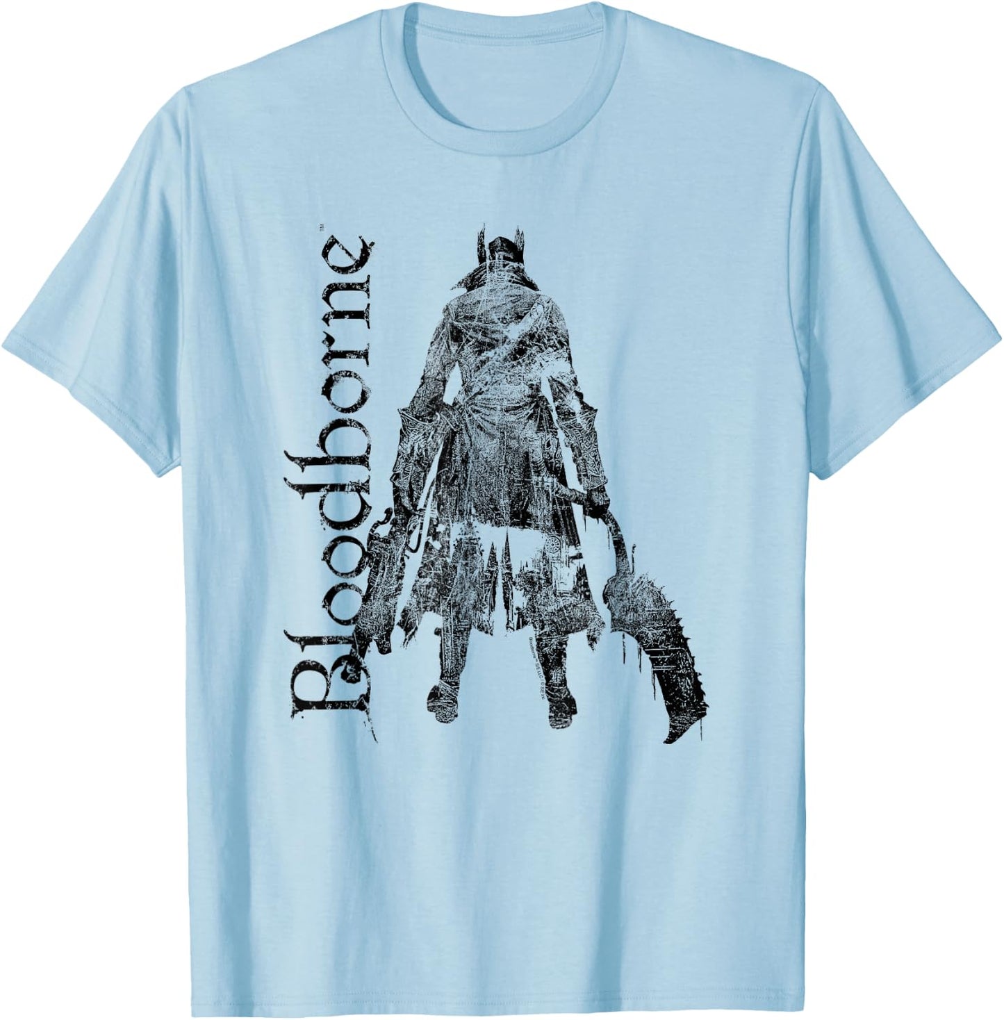 Bloodborne Hunter Silhouette with Logo Dark Video Game T-Shirt - T-Shirt | Light Blue