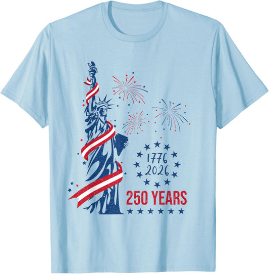 250 Years Statue of Liberty Fireworks 4th of July 2026 T-Shirt - T-Shirt | Light Blue