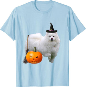 American Eskimo Witch Hat Halloween Dog Women Kids T-Shirt - T-Shirt | Light Blue