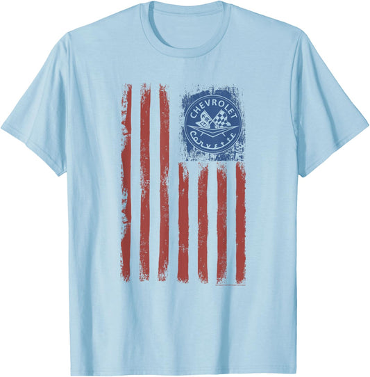 Chevrolet American Flag | Classic Look #27936 T-Shirt - T-Shirt | Light Blue