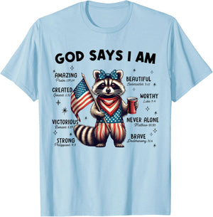 God Says I Am Patriotic Raccoon,Cute USA Bible Verse Raccoon T-Shirt - T-Shirt | Light Blue