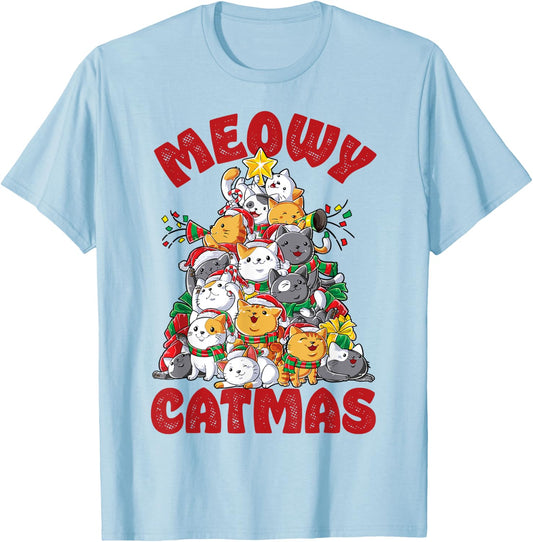 Meowy Catmas Cat Christmas Tree Xmas Girls Boys Funny Santa T-Shirt - T-Shirt | Light Blue