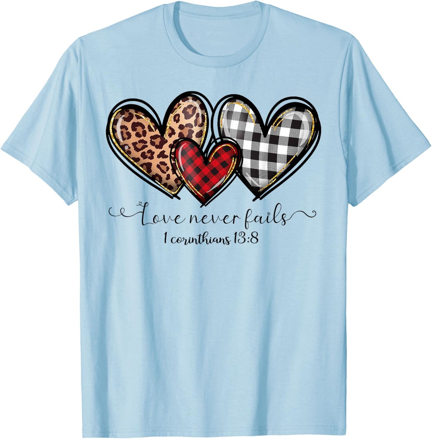 Love Never Fails Buffalo Leopard Red Plaid Print Heart Women T-Shirt - T-Shirt | Light Blue