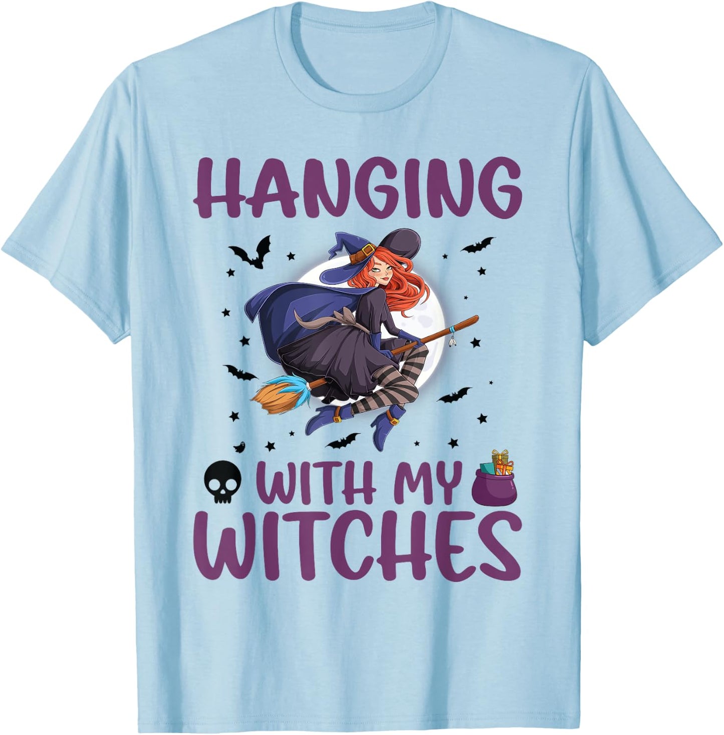 Hanging Out With My Witches, Witches Bat Spooky Halloween T-Shirt - T-Shirt | Light Blue
