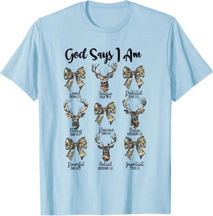 God Says I Am Christian Jesus Camo Coquette Bow Deer Hunting T-Shirt - T-Shirt | Light Blue