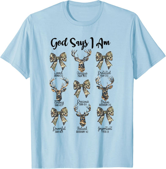 God Says I Am Christian Jesus Camo Coquette Bow Deer Hunting T-Shirt - T-Shirt | Light Blue