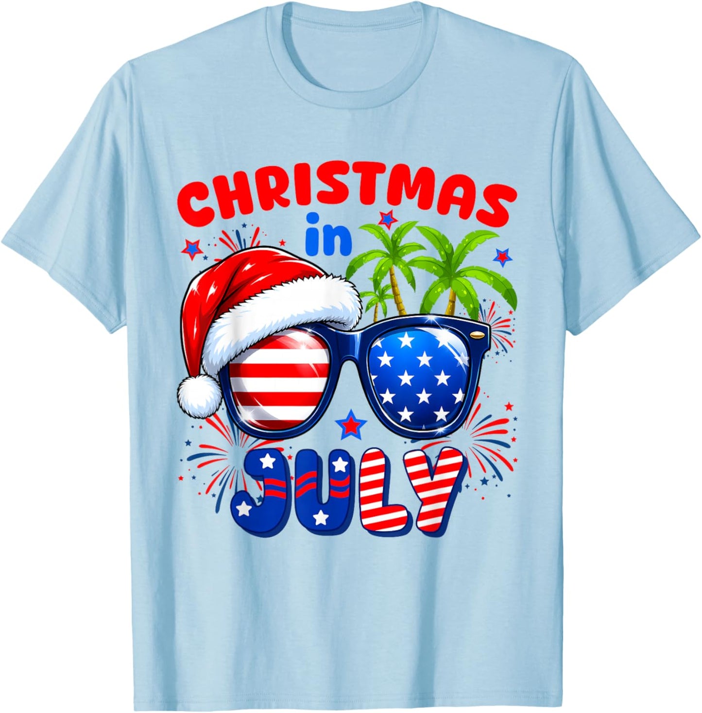 Christmas in July Summer Hawaiian USA Flag Men Women Kids T-Shirt - T-Shirt | Light Blue