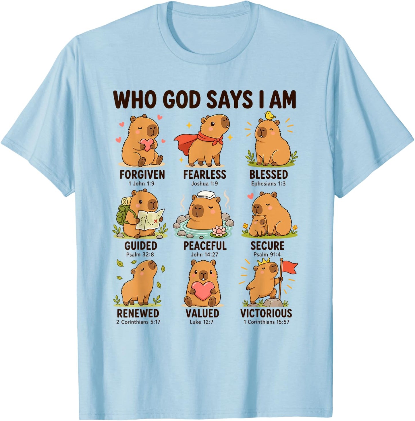 Who God Says I Am Capybara Christian Faith Bible Verse T-Shirt - T-Shirt | Light Blue