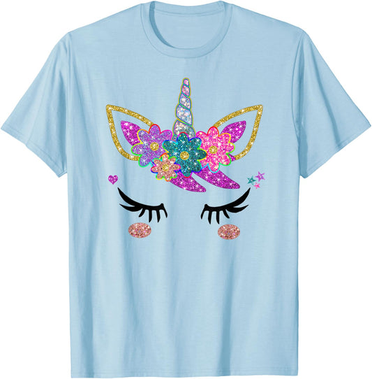 Rainbow Unicorn Face Shirt, Cute Unicorn Birthday Outfit T-Shirt - T-Shirt | Light Blue