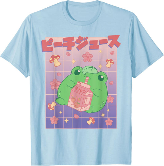 Kawaii Frog Peach Milk Carton Cute Japanese Aesthetic T-Shirt - T-Shirt | Light Blue