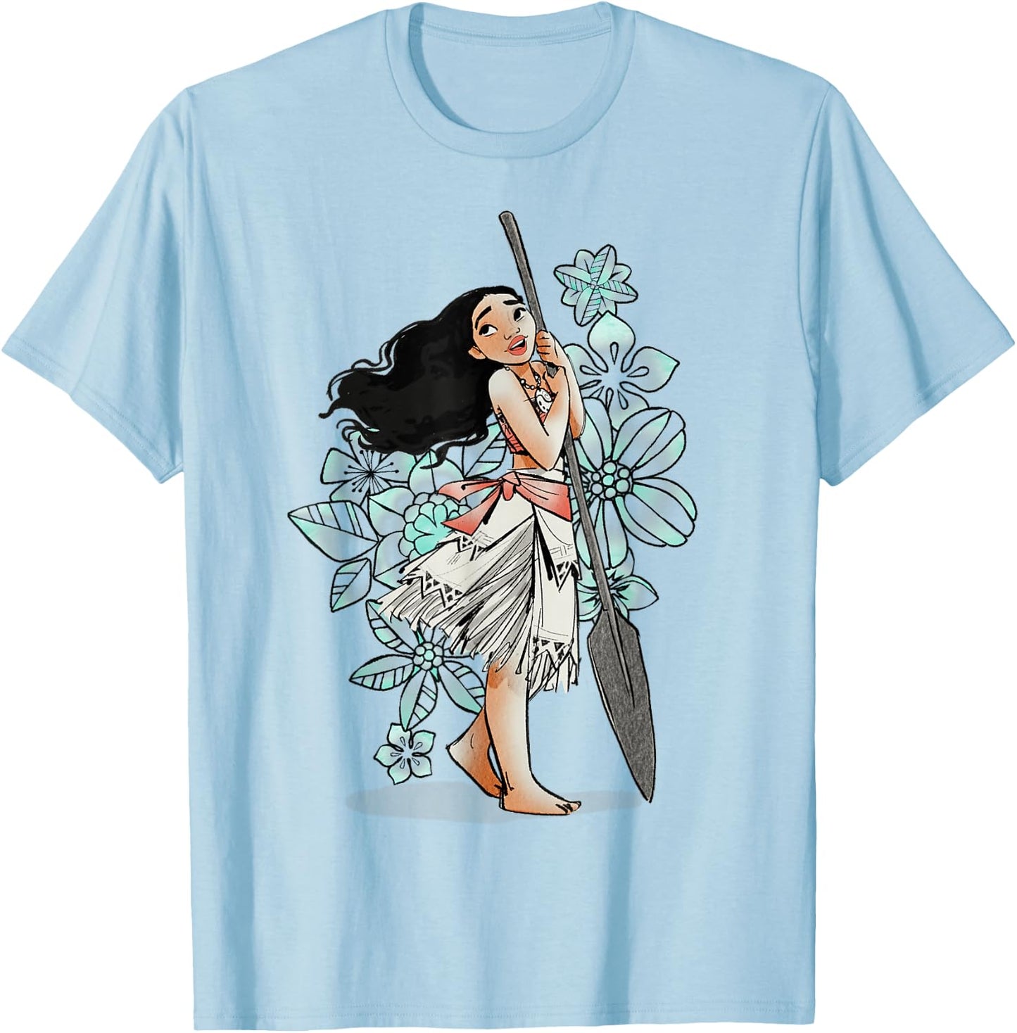 Disney Moana Tropical Floral Line Art Voyager Portrait T-Shirt - T-Shirt | Light Blue