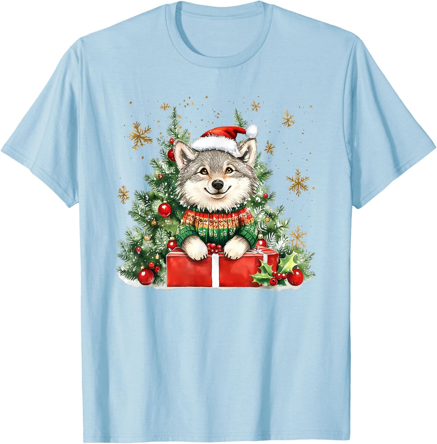 A Wolf In A Sweater & Hat With Christmas Decorations T-Shirt - T-Shirt | Light Blue