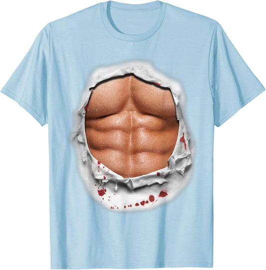 Six Pack Abs Muscles Workout Bodybuilder Torn Open Chest T-Shirt - T-Shirt | Light Blue