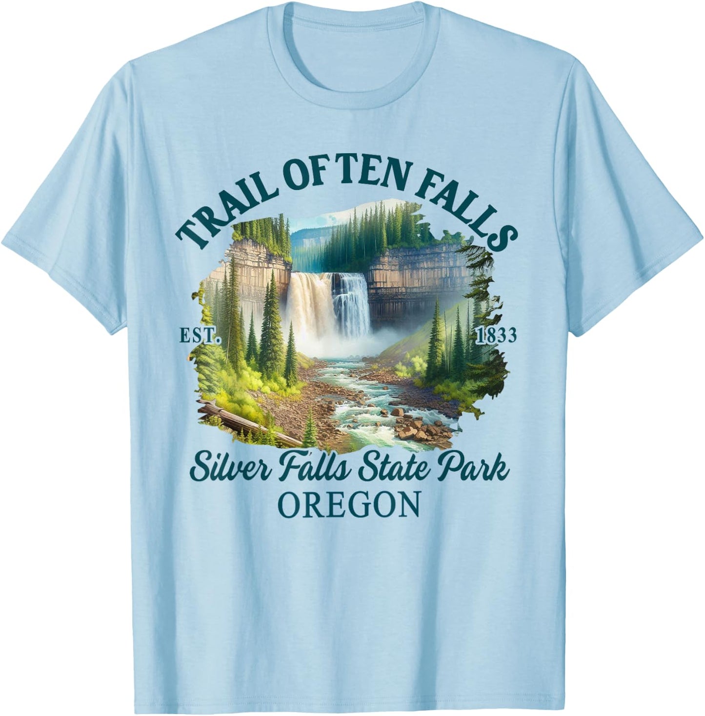Trail Of Ten Falls Silver Falls State Park Oregon Travel T-Shirt - T-Shirt | Light Blue