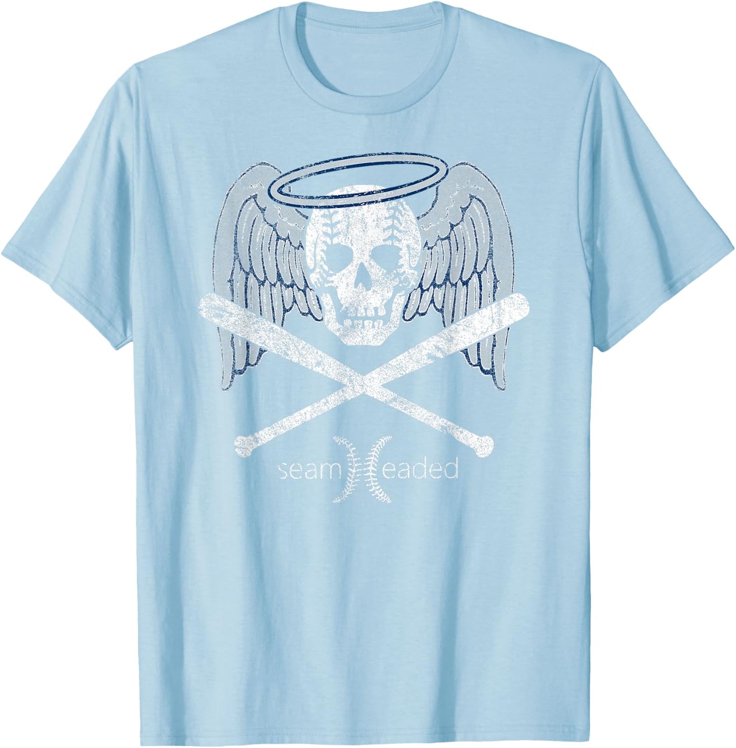 Vintage Angel Baseball Skull with Bats and Halo T Shirt T-Shirt - T-Shirt | Light Blue