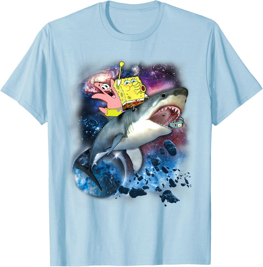 Spongebob SquarePants & Patrick Shark Riding T-Shirt - T-Shirt | Light Blue