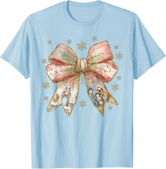 Jesus Christmas Coquette Bow Nativity Bible Verse Christian T-Shirt - T-Shirt | Light Blue