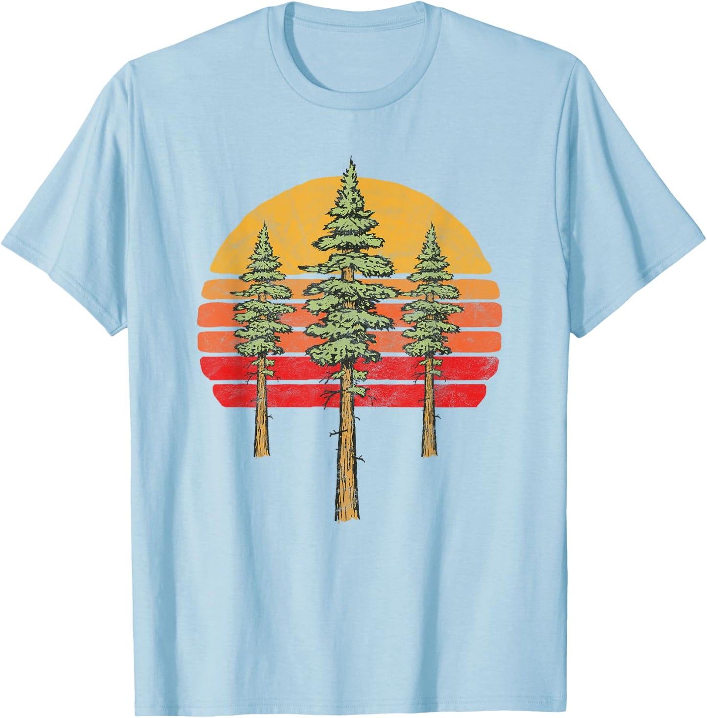 Retro Sun & Three Minimalist Redwood Trees Graphic T-Shirt - T-Shirt | Light Blue