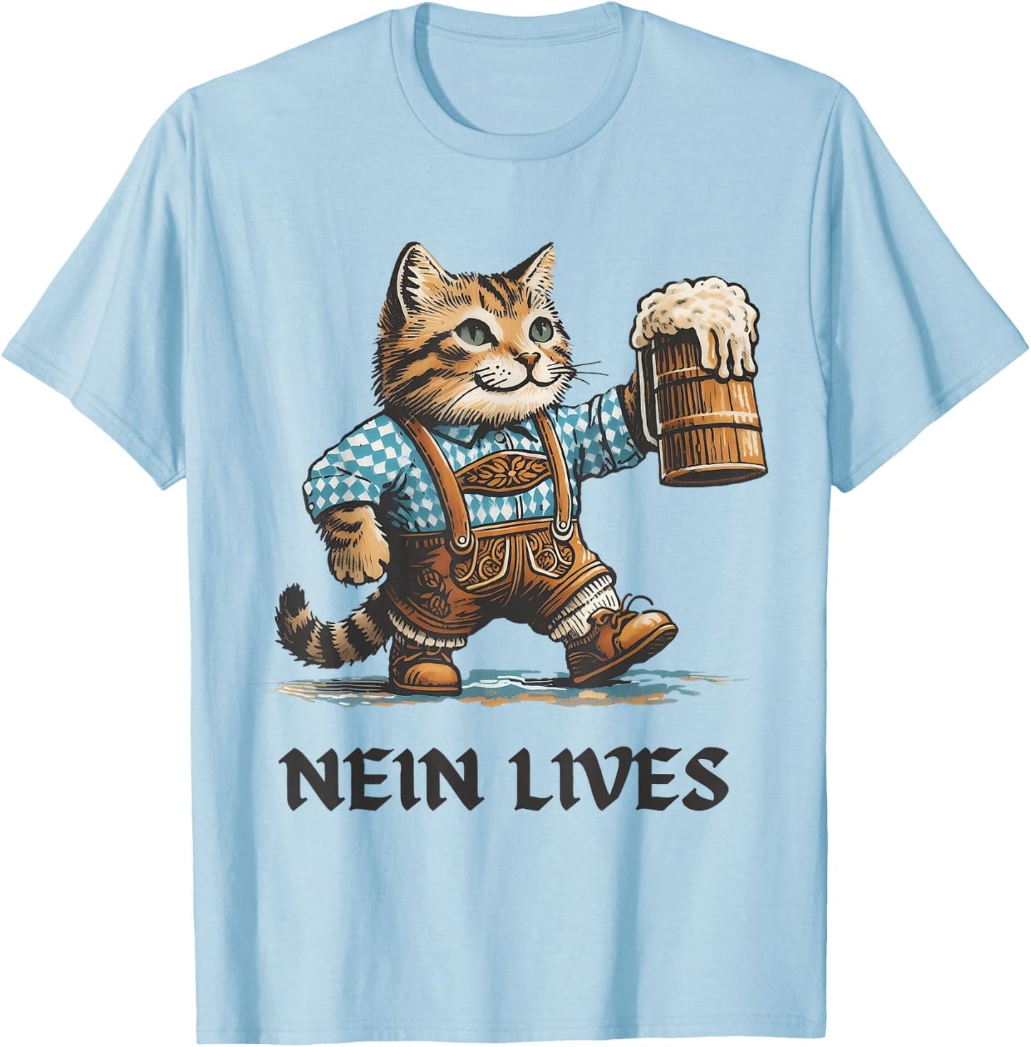 Nein Lives Oktoberfest Cat in Lederhosen Holding Beer Stein Men Women T-Shirt - T-Shirt | Light Blue