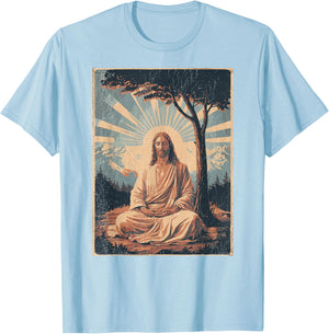 Jesus Meditating Under Tree, Mountains - Retro Faded Print T-Shirt - T-Shirt | Light Blue
