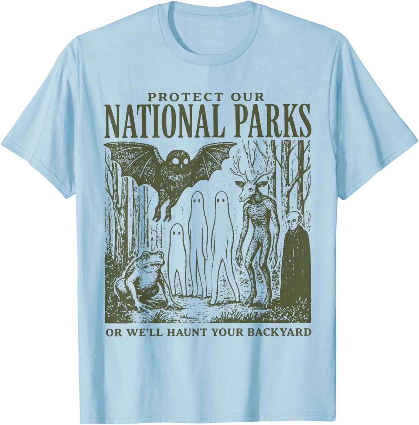 Retro Folk Horror National Park Spooky Ghost Graphic T-Shirt - T-Shirt | Light Blue
