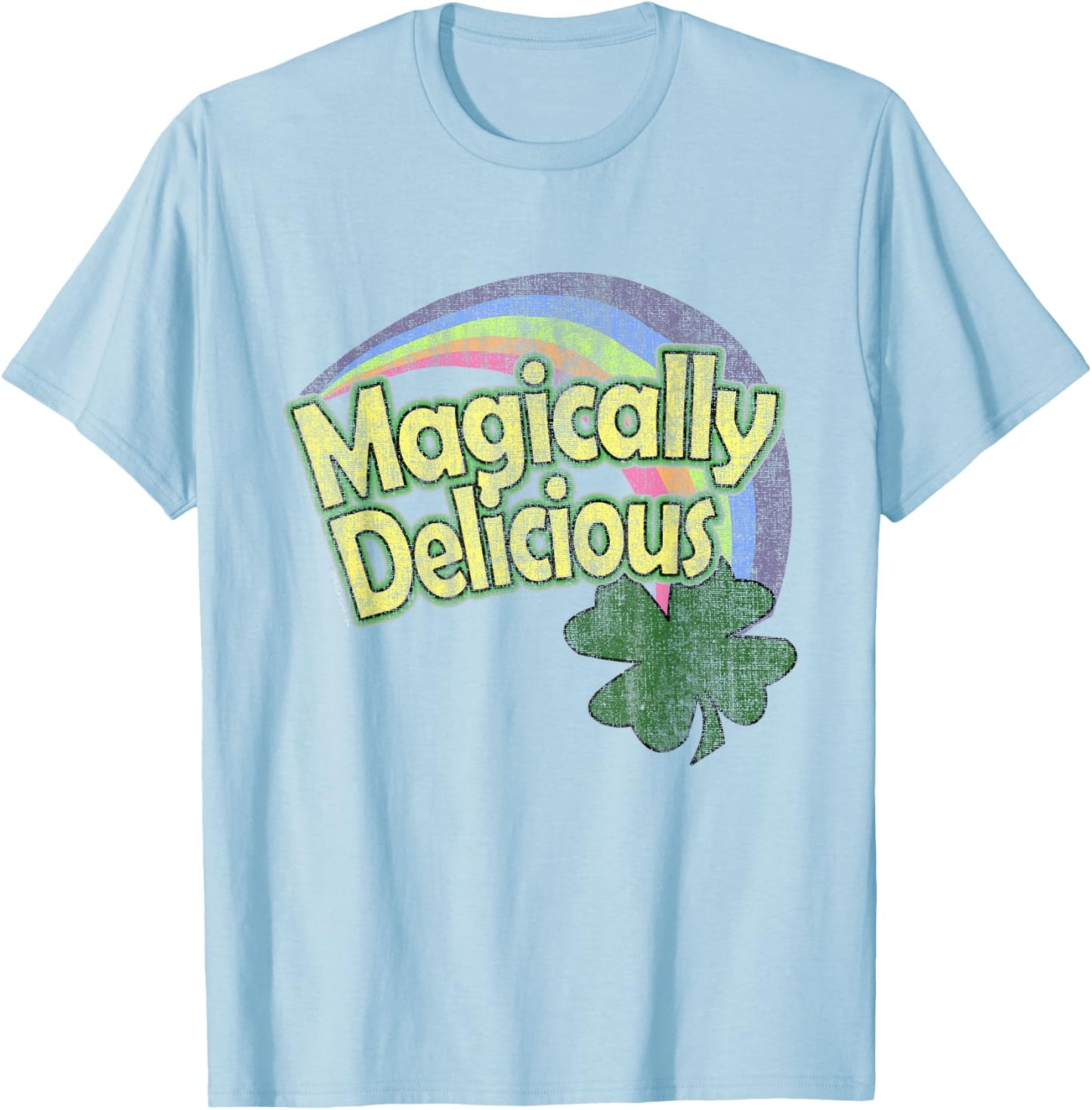 CuteComfy Magically Delicious 80s Vintage St. Patrick's Day Lucky Charm Green Retro Rainbow Short Sleeve - Small - -Adults T-Shirt - T-Shirt | Light Blue