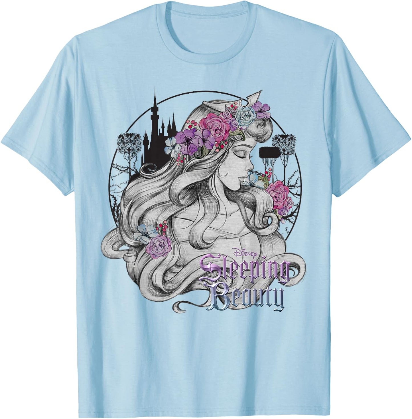 Disney Sleeping Beauty Floral Sketched Portrait T-Shirt - T-Shirt | Light Blue