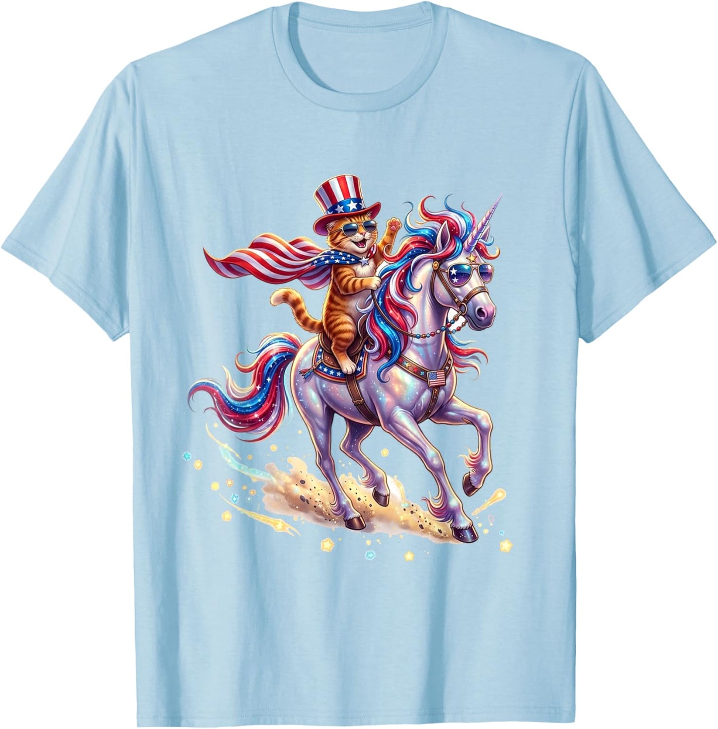 Cat Riding Unicorn USA Flag Patriotic 4th of July T-Shirt - T-Shirt | Light Blue