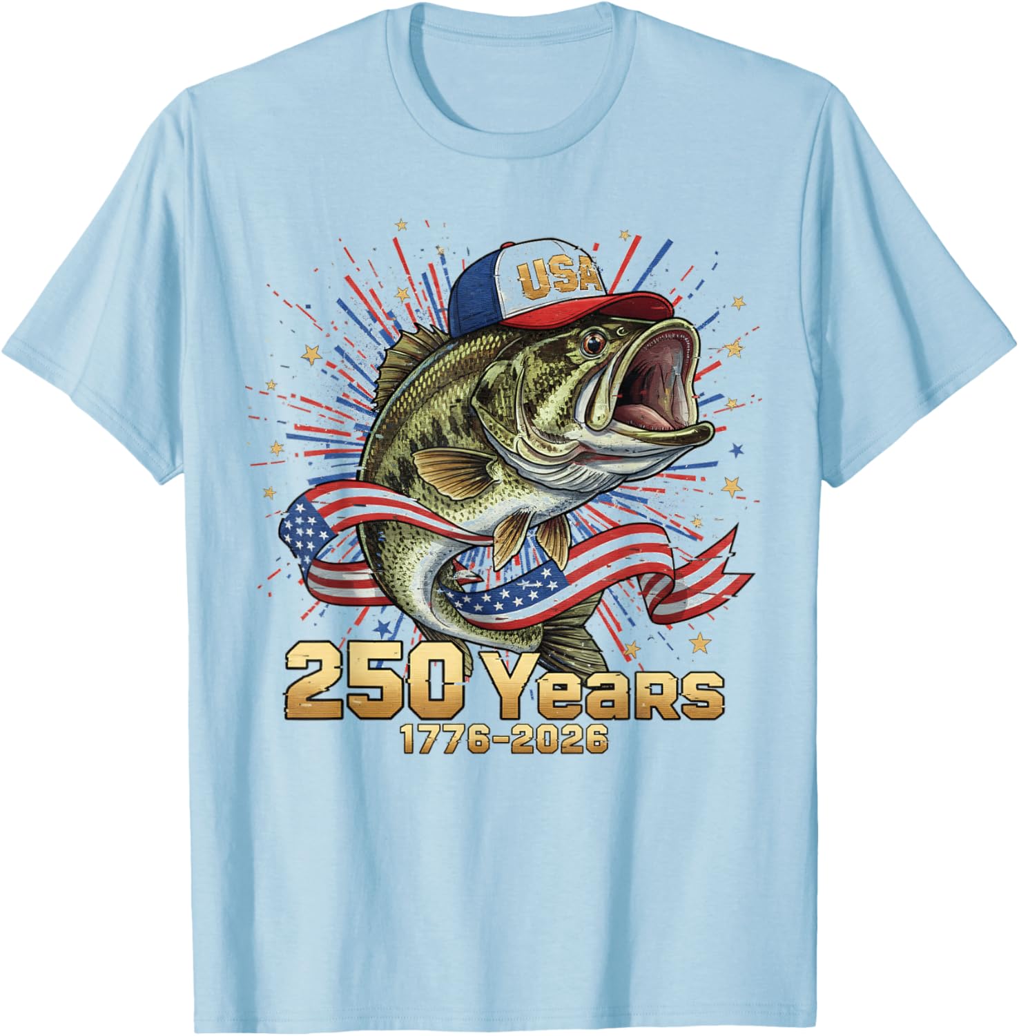 250 America 1776 2026 Bass Fishing USA Flag 250th Birthday T-Shirt - T-Shirt | Light Blue