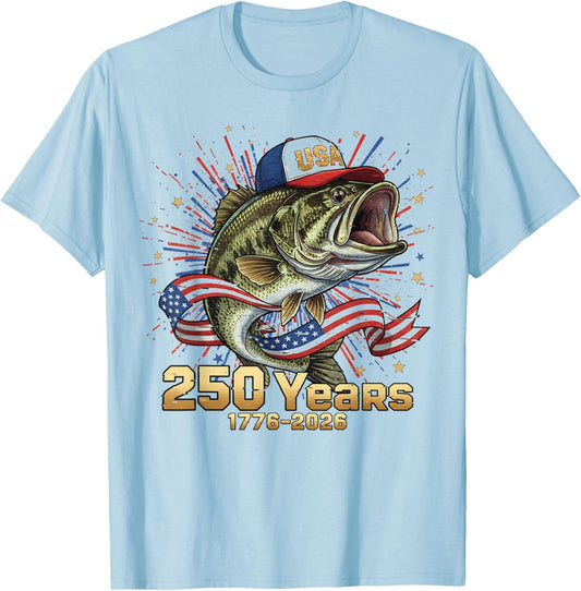 250 America 1776 2026 Bass Fishing USA Flag 250th Birthday T-Shirt - T-Shirt | Light Blue