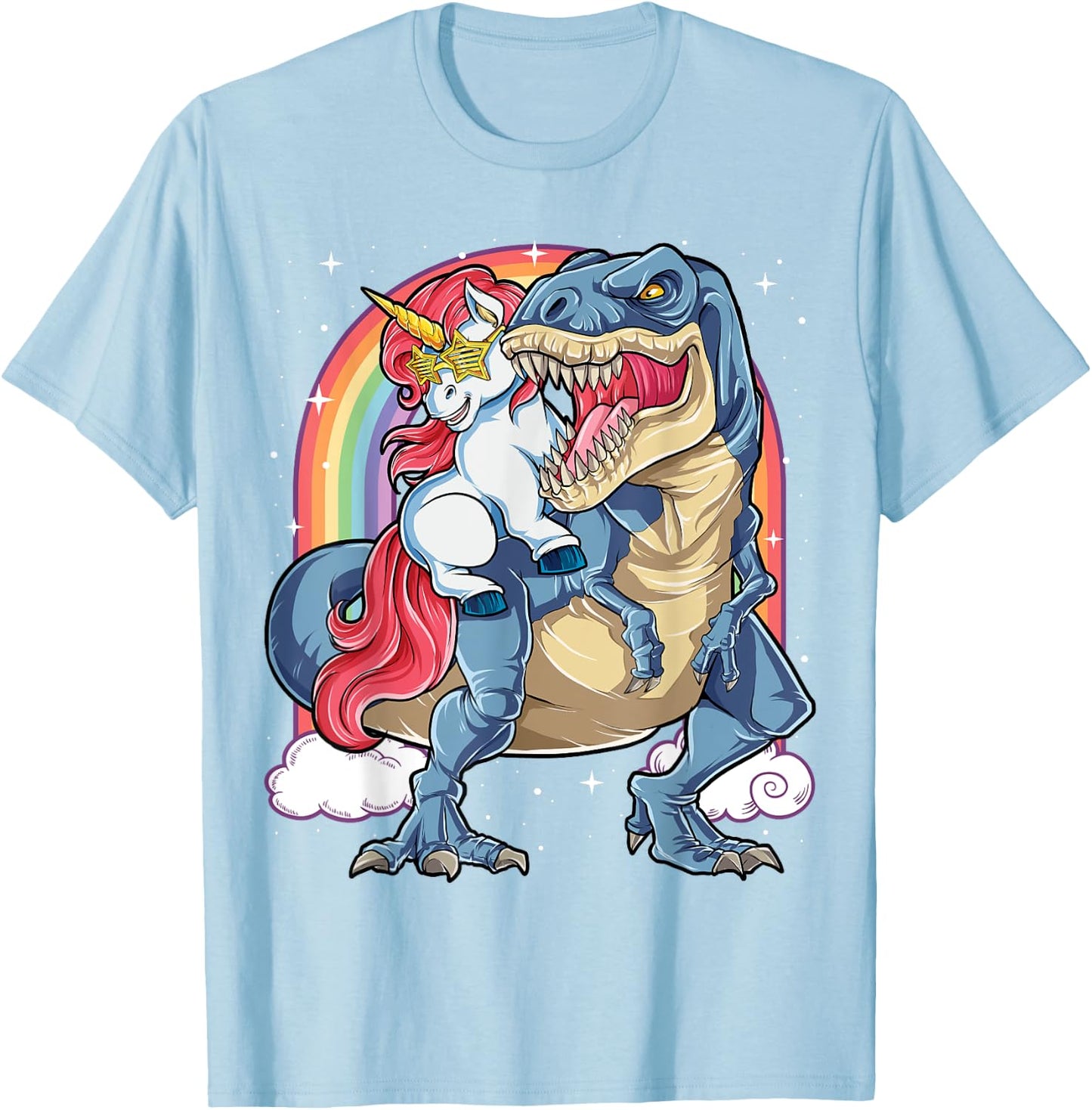 Unicorn Riding Dinosaur T rex Shirt Boys Girls Kids Rainbow T-Shirt - T-Shirt | Light Blue
