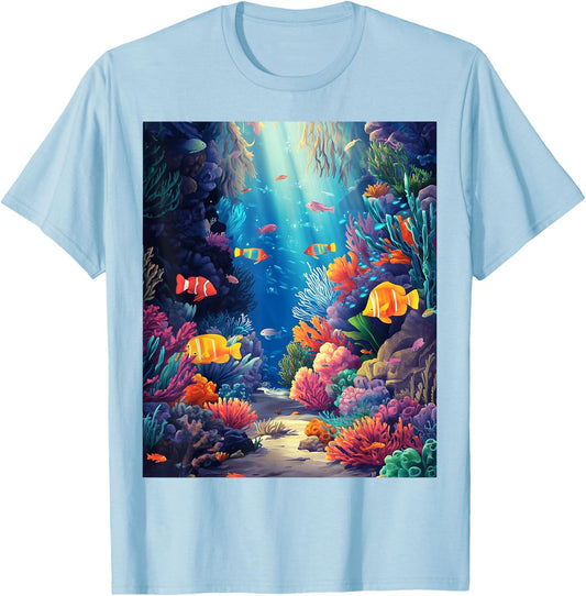 Vibrant Tropical Fish Coral Reef Ocean T-Shirt - T-Shirt | Light Blue