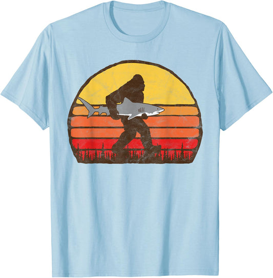 Bigfoot Silhouette & Great White Shark Funny Sasquatch Shirt T-Shirt - T-Shirt | Light Blue