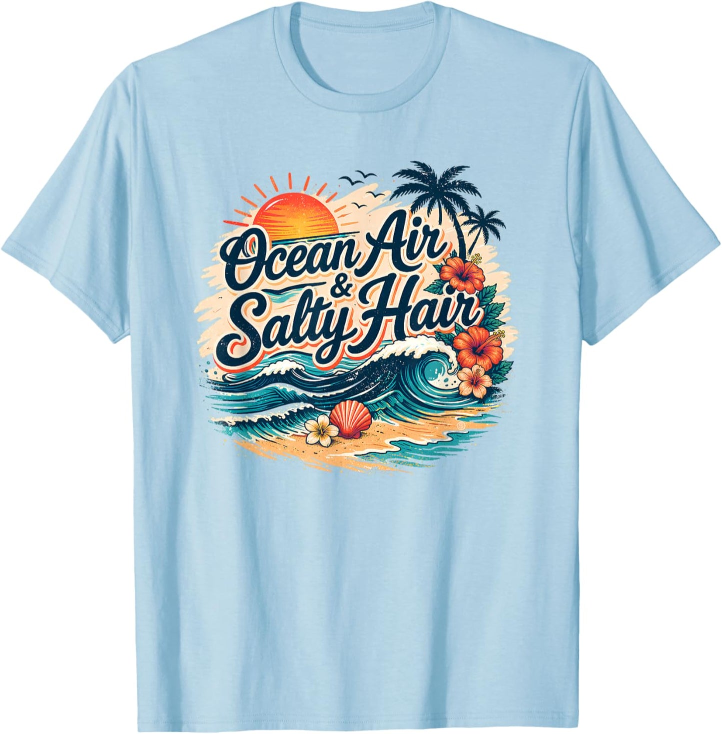 Ocean Air Salty Hair Beach Vacation Summer Tropical Waves T-Shirt - T-Shirt | Light Blue